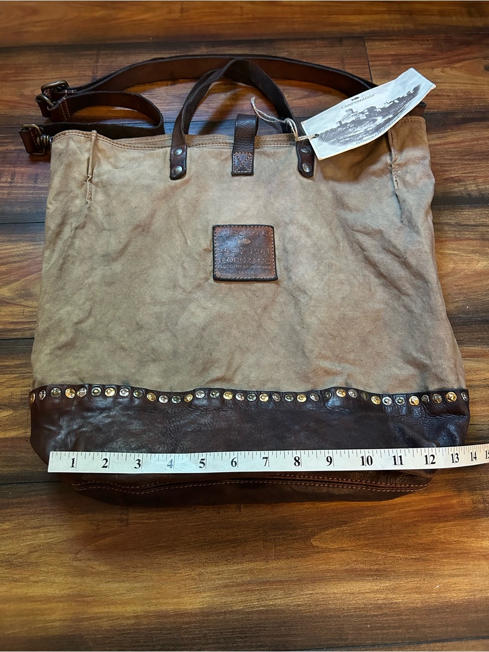 Campomaggi Canvas & Brown Leather Crossbody Tote Bag w/ Studs - Picture 7 of 9